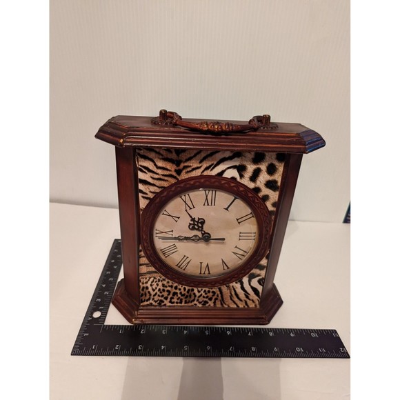 All Metal Handle Mantel Clock Safari  Wood design Back Secret Compartment Door - Picture 12 of 12